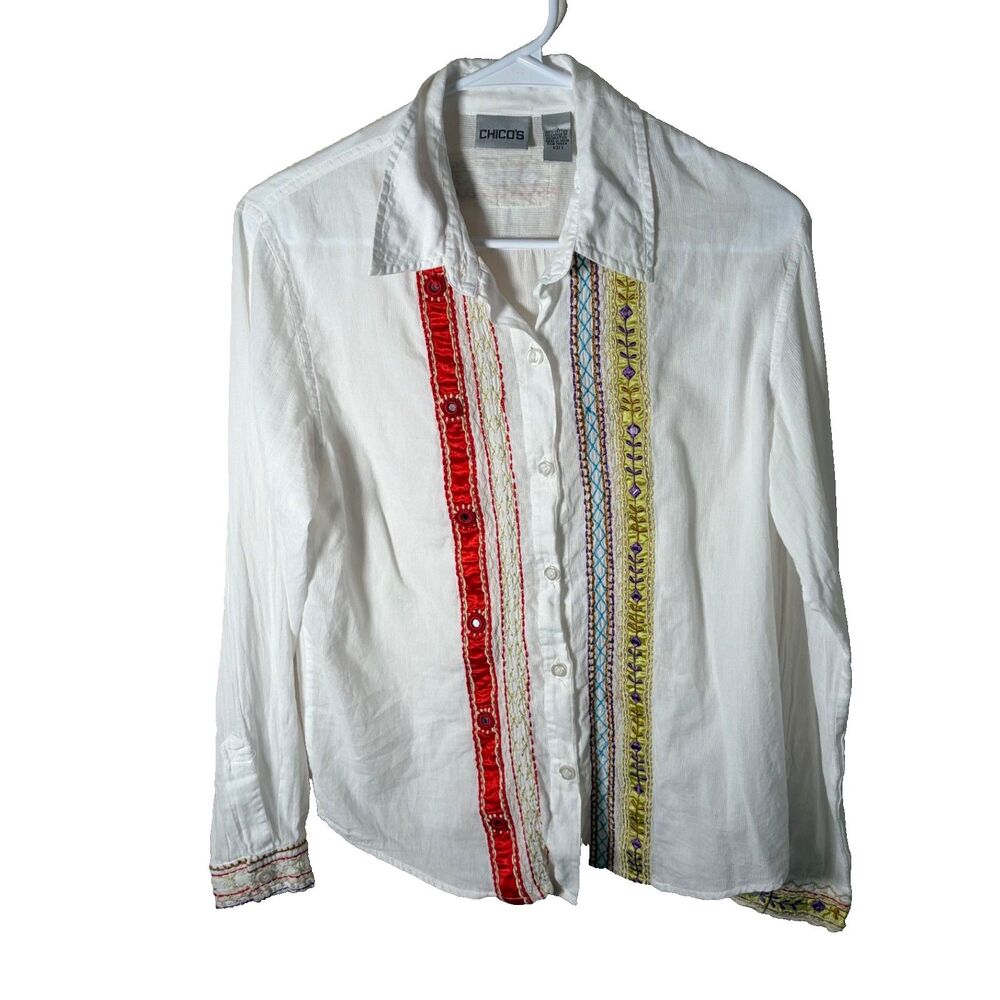 Chico's Shirt Women's 0 Small Embroidered Button Down Long Sleeve Cotton Top